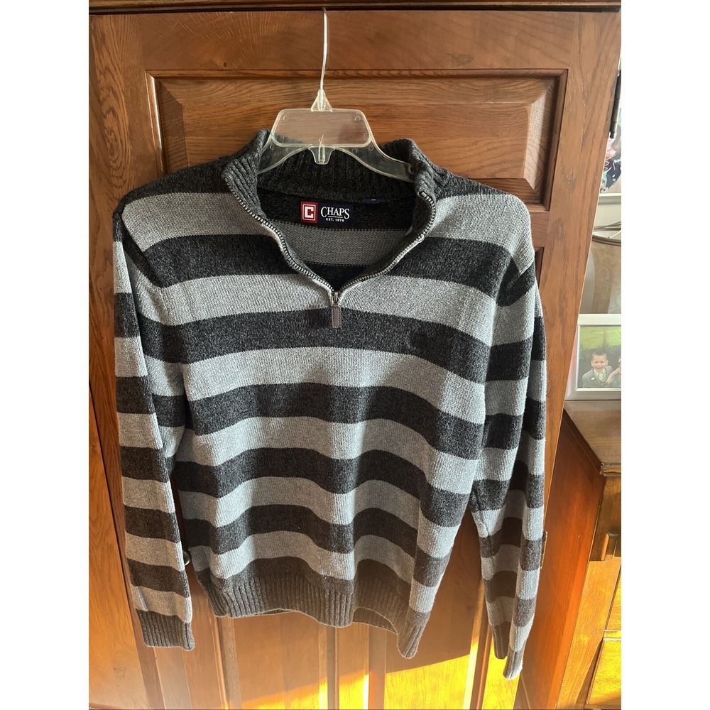 CHAPS Sweater Size‎ M Medium 100% Cotton Gray Black Stripes Zip Up Collar